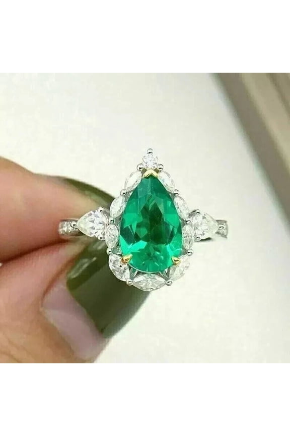 2Ct Simulated Emerald Pear Cut Women's Engagement Ring 14K White Gold Plated