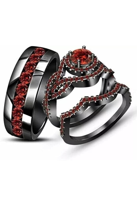 2Ct Simulated Red Garnet 14K Black Gold Plated Wedding His & Her Couple Trio Ring Set