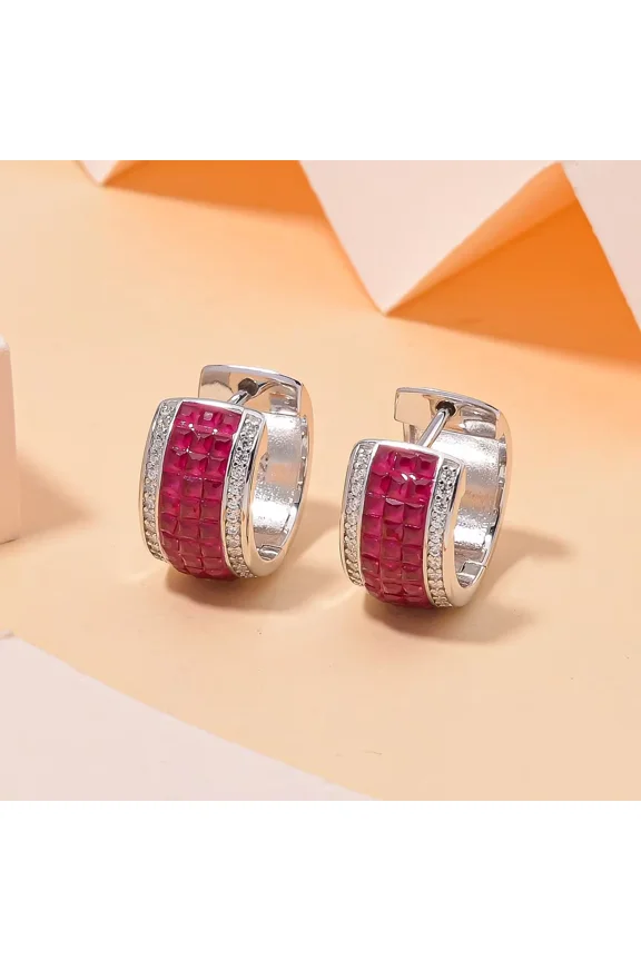 2Ct Simulated White and Ruby Color Diamond Hoop Earrings in Rhodium Over Sterling