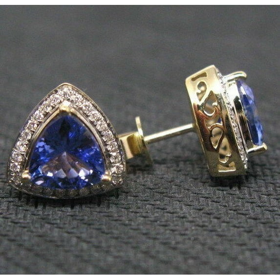 2Ct Trillion Lab-Created Diamond Tanzanite Stud Earring 14K Yellow Gold Plated