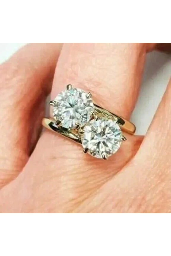 2Ct Two Round Cut Lab-Created Diamond Engagement Ring 14k Yellow Gold Plated