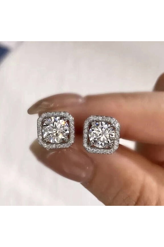 2Ctw Round Cut Lab Created Diamond Square Halo Stud Earrings In 14K White Gold Plated