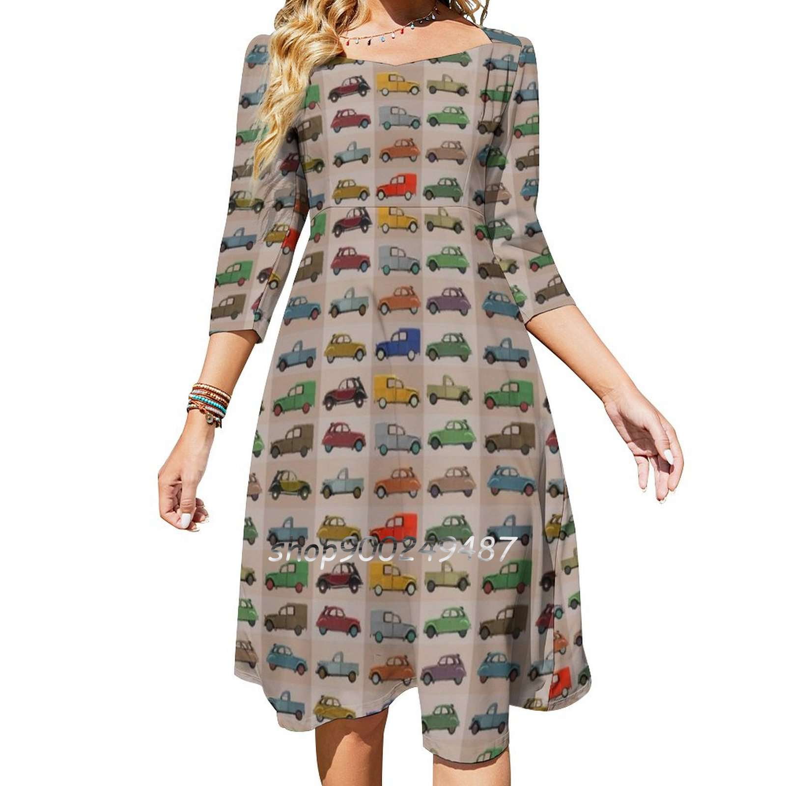 2Cv Pattern Sweet Elegant Dress Women Korean Kawaii Square Collar Dress ...