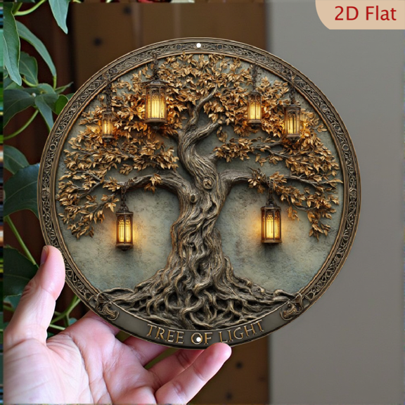2D, 1pc, 8", round aluminum wall panel with lighted tree & lantern leaf design, rustic farmhouse style dcor, for living room, front door, gardens, bars, cafes, etc., indoor/outdoor metal wall panel.