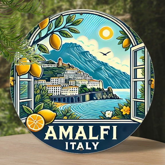 2D, 1pc, Amalfi Italy Metal Round Aluminum Sign, Vintage Plaque Wall Art, 7.8 x 7.8 Inch, Wall Decor, Room Decor, Home Decor, Dining Room Decor, Bar Decor, Cafe Decor, Garage Decor, Fun Family Room