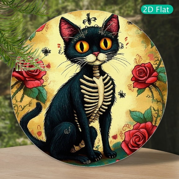 2D, 1pc, Black Cat, Skull, Aluminum Metal Wall Art Decoration, Best Ornament for Halloween, Holiday Gift, Perfect Gift for Friends, Suitable for Home, Living Room, Garden, Office, Bar, Kitchen