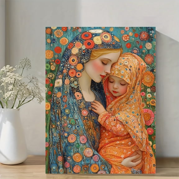 2D 1pc Gustav Klimt Mother And Child Wooden Framed Canvas Painting , Vibrant Colors Intricate Patterns Art Print, Gallery-Wrapped Canvas Wall Art for Living Room Bedroom Decor,