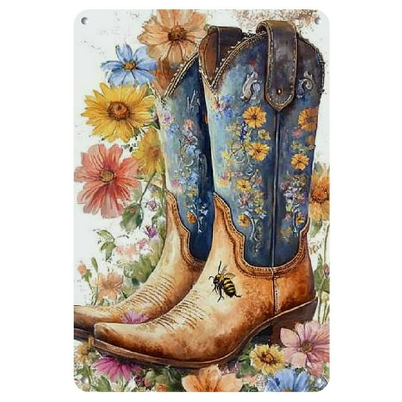 2D 1pc, Room Decor Sunflower Vintage Metal Tin Sign, Western Cowboy Boots with Floral Design, Iron Wall Decor, 8x12 Inches, for Bar, Bedroom, Room Decoration, Retro Store Sign
