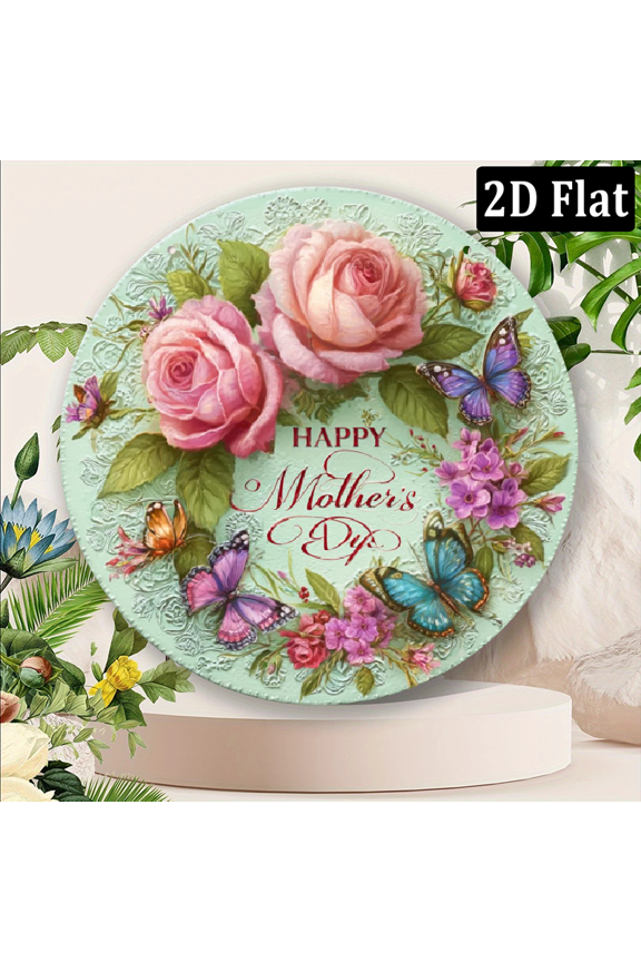 2D 1pc Round Printed Metal Signage, Mother'S Day Floral Wreath Sign with Pink Roses Butterflies, Elegant Happy Mother'S Day Inscription, Durable Iron Wall Decoration for Home, Office, Cafe