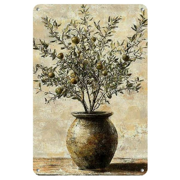 2D 1pc Rustic Olive Tree in Jar Metal Sign, Vintage Iron Wall Art, Antique Finish Home Decor for Kitchen, Bedroom, Garden, Office - Easy to Hang, Reusable, 8x12 Inch, Outside Decor, 2D
