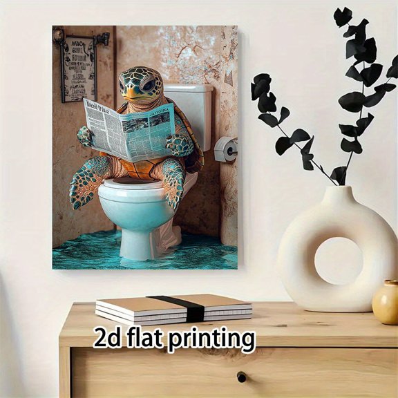 2D 1pc, Sea Turtle Reading Newspaper Canvas Wall Art, Rustic Wooden Frame, Oceanlife Turquoise, Contemporary Country-rustic Style, Indoor Wall Hanging Decor for Home Office