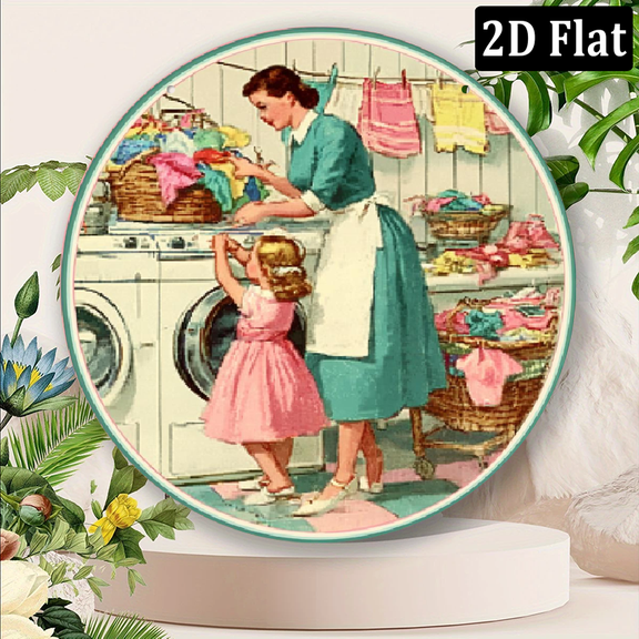 2D 1pc Vintage Laundry Scene Iron Sign, 8x8 inches, Waterproof Dustproof Metal Wall Art, Retro Mother-Daughter 2D Design for Home, Bathroom, Bar, Cafe Decor, Ideal Housewarming