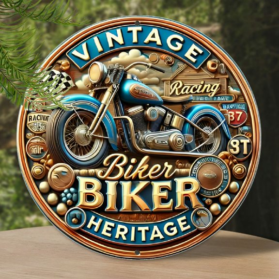 2D 1pc Vintage Metal Sign Vintage Biker Heritage Motorcycle Aluminum Round Poster Classic Racing DeSign Retro Vintage Look Wall Art for Bar, Caf, Beach House, Backyard 7.8x7.8 inch