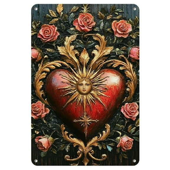 2D 1pc Vintage "Mexican Sacred Heart" Iron Wall Art, 8x12 inches, Water and Dust Resistant, Decorative Metal Plaque for Home, Bar, Garage, Kitchen, Unique Gift for Men and Women