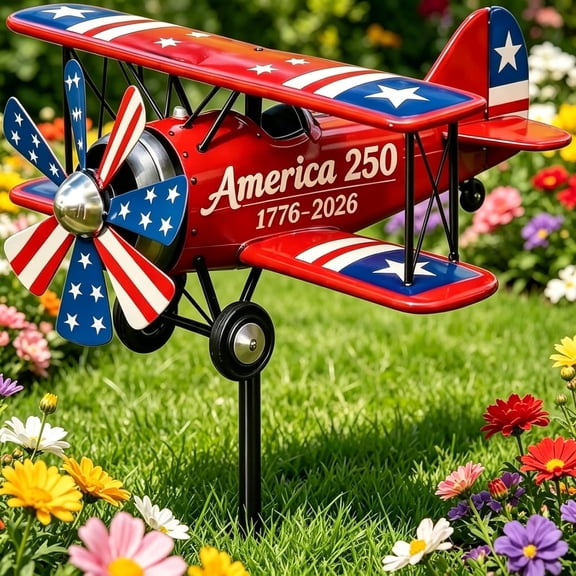 2D 250th Biplane Wind Spinner 60in Metal Stake for Lawn Yard