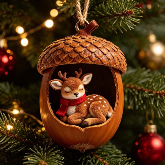 2D Acorn‑Shell Hanging Ornament, Sleeping Deer Forest Animal Figurine, Single Christmas Tree Home Party Decor (L)