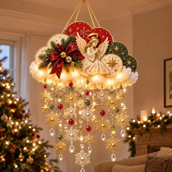 2D Acrylic Angel Snow Cloud Light Up Hanging Decoration Christmas Wall Window Ornament with Snowflake Crystal Bead Tassel Details