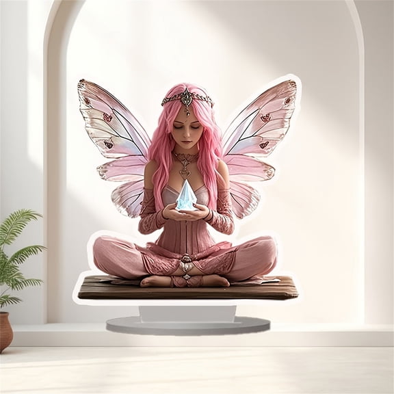 2D Acrylic Bohemian Fairy Figurine – 2D Planar, Pink Fairy & Crystal Design – For Bohemian Home & Desk Decor – 20x12.5cm (7.87x4.92in)