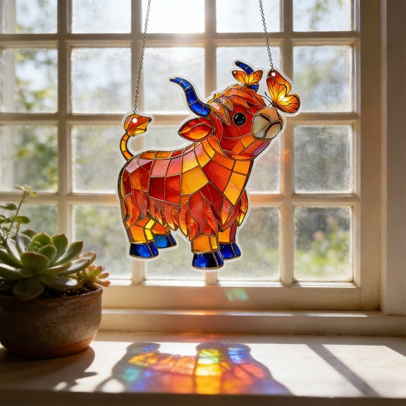 2D Acrylic Cattle Suncatcher Window Decor ,Stained Glass Style Window Hanging Farmhouse Decor,Farm Animal Sun Catcher Ornament,for Home Garden Farmhouse Decor, Gift for Cow Lovers, 7.8 inch