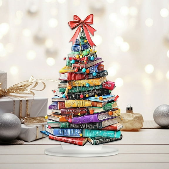 2D Acrylic Christmas Book-Tree Desktop Decor - Holiday Inspirational Gift Flat Ornament, Book-Tree Sign with Red Ribbon Gift for Bookshelf Book Lovers Home Office