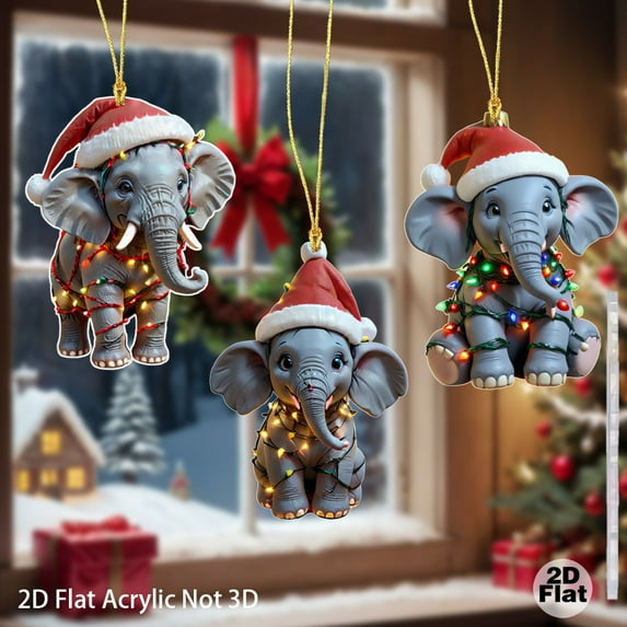 2D Acrylic Christmas Elephant Ornament – Holiday Flat Santa-Hat Pendant, Reusable Tree Car Wreath Hanging Decoration Festive Ornaments