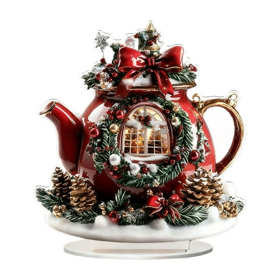 2D Acrylic Christmas House Tabletop Ornaments With Base, Christmas Teapot House Decor For Home Table,Fireplace,Kitchen,Porch,Whimsical Holiday Display, Festive Christmas Village Accessory