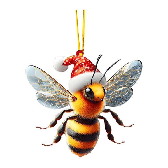 2D Acrylic Christmas Ornaments, Bee Shaped Flat Design With Santa Hat Decoration, Christmas Tree And Home Holiday Decor Accessory