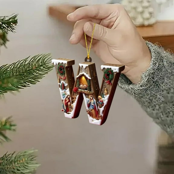 2D Acrylic Christmas Tree Decoration Pendant, Personalized Name Nativity Scene Keepsake Monogram Hanging Ornament for Xmas Tree Hanging Decor, Letter W
