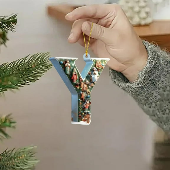 2D Acrylic Christmas Tree Decoration Pendant, Personalized Name Nativity Scene Keepsake Monogram Hanging Ornament for Xmas Tree Hanging Decor, Letter Y