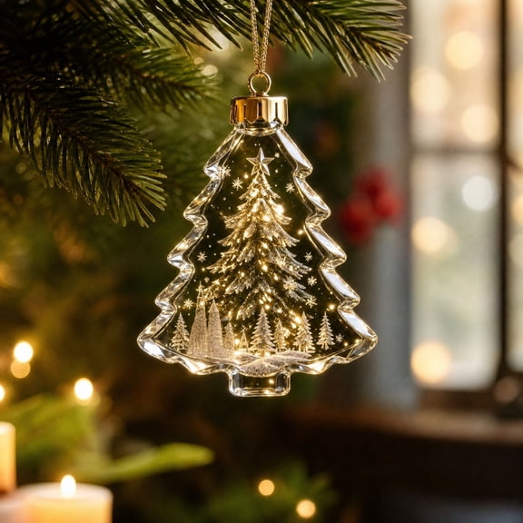2D Acrylic Christmas Tree Ornament, Clear Hanging Pendant with Snowflake, Bell and Gift Prints for Home Holiday Decor and Small Gift Giving
