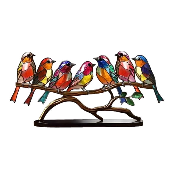 2D Acrylic Creative Bird Decor with Base,Metal Ornament Colorful Decoration Five Birds Décor,Stained-Glass Style Branch,9.84Inch Copper & Acrylic Desktop Décor,Gift for Bird Lovers