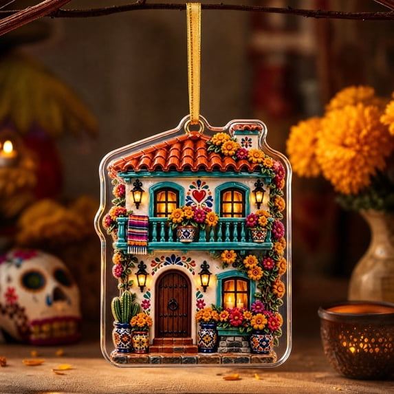 2D Acrylic Day of the Dead House Ornament, Colorful Sugar Skull Home Hanging Decoration for Halloween Tree, Wall, Car Mirror and Dia de los Muertos Party Decor, 3.9 Inch