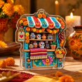 thumbnail image 1 of 2D Acrylic Day of the Dead Market Stall Ornament, Colorful Sugar Skull Shop Hanging Decoration for Halloween Tree, Wall, Car Mirror and Dia de los Muertos Decor, 3.9 Inch, 1 of 5