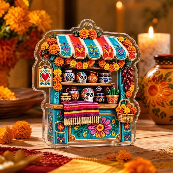 2D Acrylic Day of the Dead Market Stall Ornament, Colorful Sugar Skull Shop Hanging Decoration for Halloween Tree, Wall, Car Mirror and Dia de los Muertos Decor, 3.9 Inch
