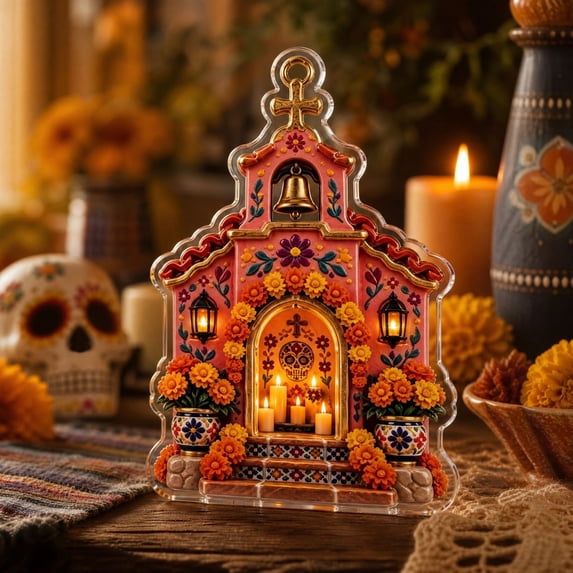 2D Acrylic Day of the Dead Shrine Ornament, Orange Sugar Skull Altar Hanging Decoration for Halloween Tree, Wall, Car Mirror and Dia de los Muertos Party Decor, 3.9 Inch