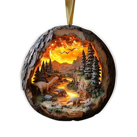 2D Acrylic Dinosaur World Hanging Decoration Ornament (Model C1), Featuring 2D Dinosaur World Pattern And 3D Embedded Natural Landscape Design, For Home Office Decor, Dinosaur