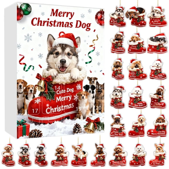 2D Acrylic Dog Advent Calendar with 24 Christmas Ornaments, Pet Lover Gift for Holiday Countdown Decor, Dogs Wearing Red Shoes