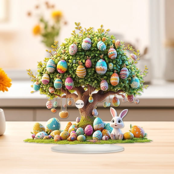 2D Acrylic Easter Egg Tree Tabletop, with Speckled & Colorful Easter Egg decorations, Cute Easter Bunny Accents, Sturdy Base, for Easter Centerpiece Table decorations, Easter