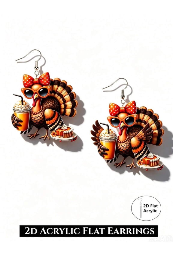 2D Acrylic Flat Turkey Pendant Earrings - Multicolor Farmhouse Style