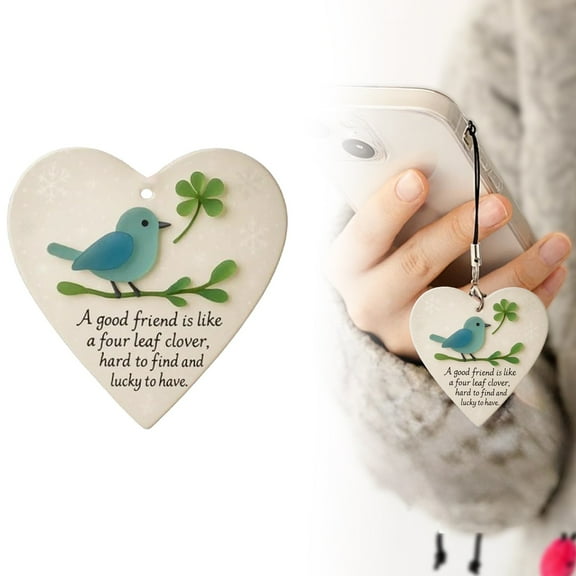 2D Acrylic Heart-Shaped Bird Ornament with Four-Leaf Clover Message for Christmas Tree Friendship Gift Decor