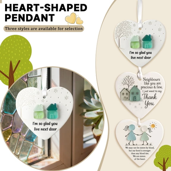 2D Acrylic Heart Shaped Hanging Ornament, Friendship Keepsake For Tree Decoration, With Tree House Snowflake Details And "I'M So Glad You Next Door" Message