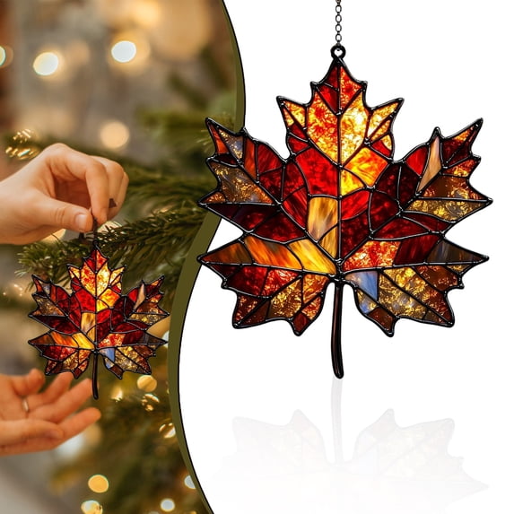 2D Acrylic Maple Leaf Suncatcher Tree Ornaments,Stained Glass Maple Leaf Style Waterproof Fall Decoration ,Faux Stained Glass Maple Leaf Suncatcher Ornament for Thanksgiving Autumn Home Wall Decor
