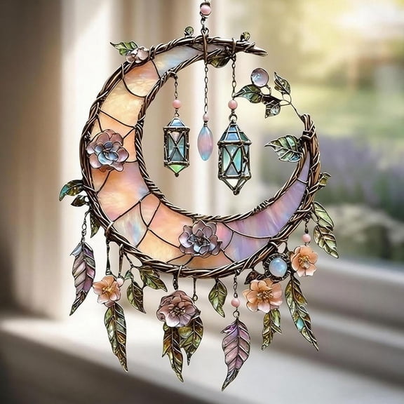 2D Acrylic Moon and Floral Window Decor, Artistic Moon Hanging Ornament Boho Suncatcher Style Window Art for Bedroom, Garden or Home Decor Gift