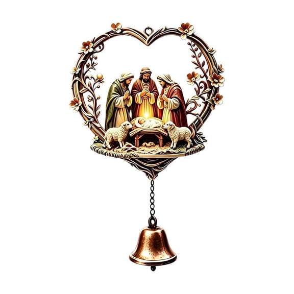 2D Acrylic Nativity Scene Christmas Hanging Ornament with Gold Bell Religious Holiday Decor for Xmas Tree Wall Mantel and Home Display 5.91 Inch