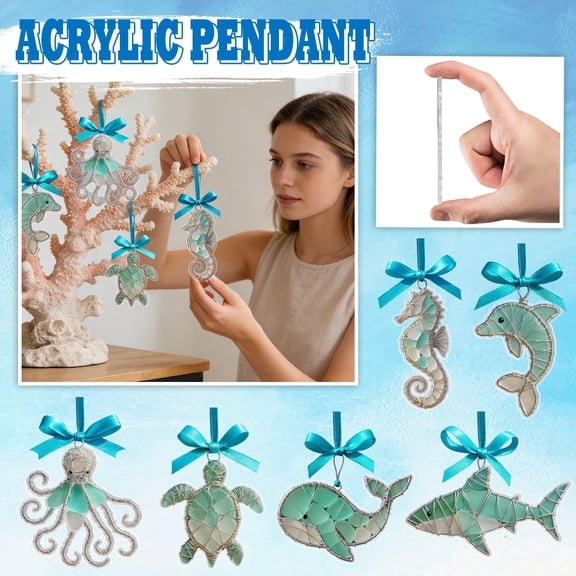 2D Acrylic Ocean Animal Ornament with Sea Glass Effect, Coastal Christmas Tree Decoration, Faux Wire Wrapped Turtle Dolphin Shark Whale Pendant for Car & Home