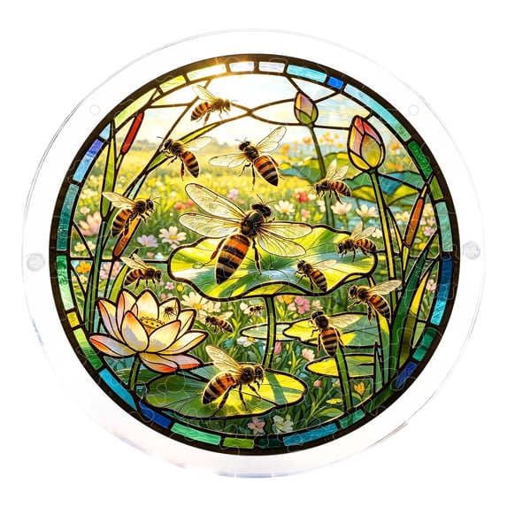 2D Acrylic Puzzle Suncatcher, Stained Glass Style Bee Lotus, 1 Piece Assembly Required, Window Hanging Decor for Home