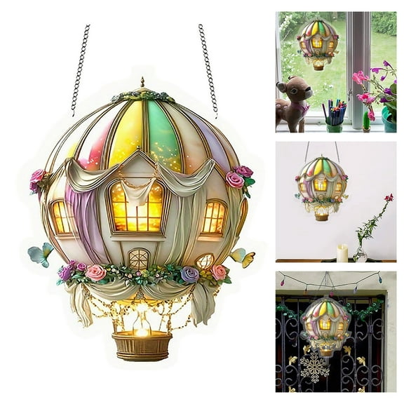2D Acrylic Solar Hot Air Balloon Hanging Light with Flame Effect, Plastic Outdoor Decorative Lamp - Garden Yard Farmhouse Patio Christmas Decoration Light (I)