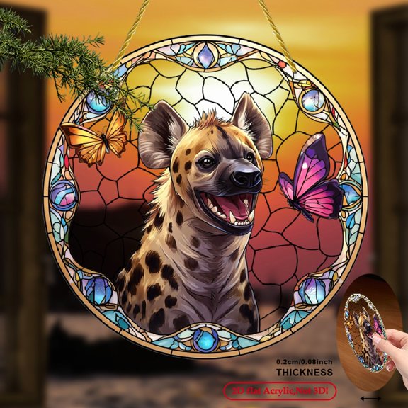A 2D Acrylic Sun Catcher Featuring a Hyena And a Butterfly, Decorative Signs And Plaques, Home Decor Hangings, Exquisite Ornaments with Dreamy Light And Natural Elements, Suitable fo