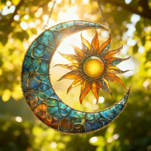 2D Acrylic Suncatcher Colorful Window Hanging Ornament Sun Catcher Panel for Home Decor Car Garden Gift Vibrant Sun & Moon Faux Stained Glass Suncatcher, 6"