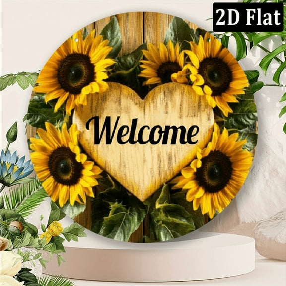 2D Aluminum Metal Sign Welcome Sign with Sunflower Wreath Design, Vintage Style Round Metal Wall Art for Home, Cafe, Bar, Restaurant Decor, Retro Garage Hanging Plaque  8*8in